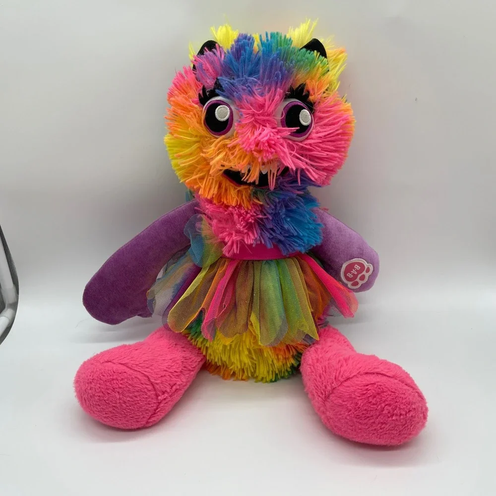Build-A-Bear Workshop Rainbow Monster Plush Shaggy Neon Fur with Tutu Dress